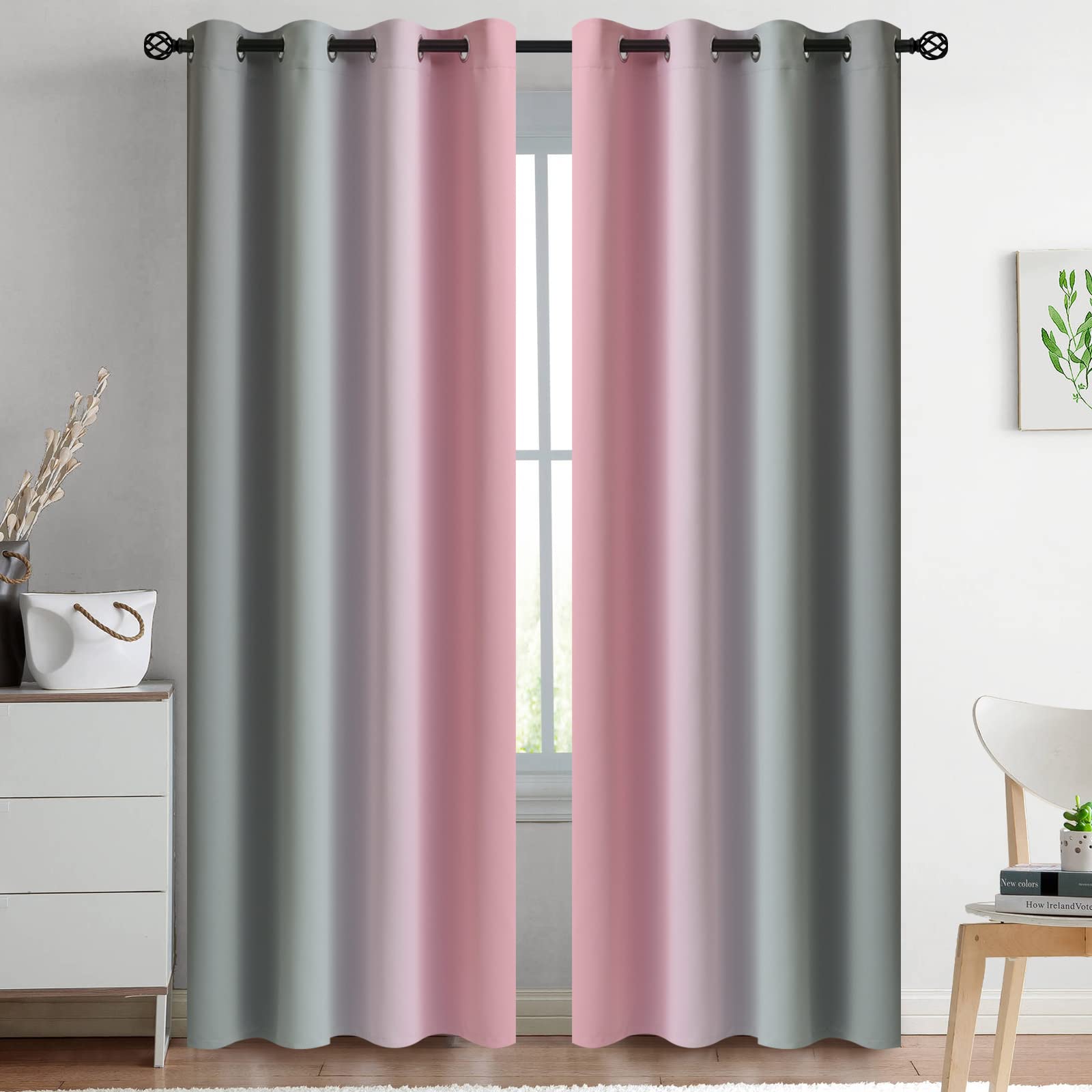 Yakamok Ombre Pink And Grey Curtains For Bedroom, Gradient Room Darkening Curtains, Grommet Thermal Insulated Light Blocking Win