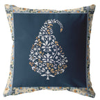 HomeRoots White and Orange On Navy 20â€ Orange Navy Paisley Suede Decorative Throw Pillow