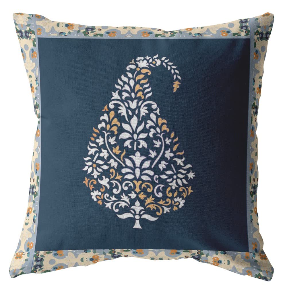 HomeRoots White and Orange On Navy 16â€ Orange Navy Paisley Suede Decorative Throw Pillow