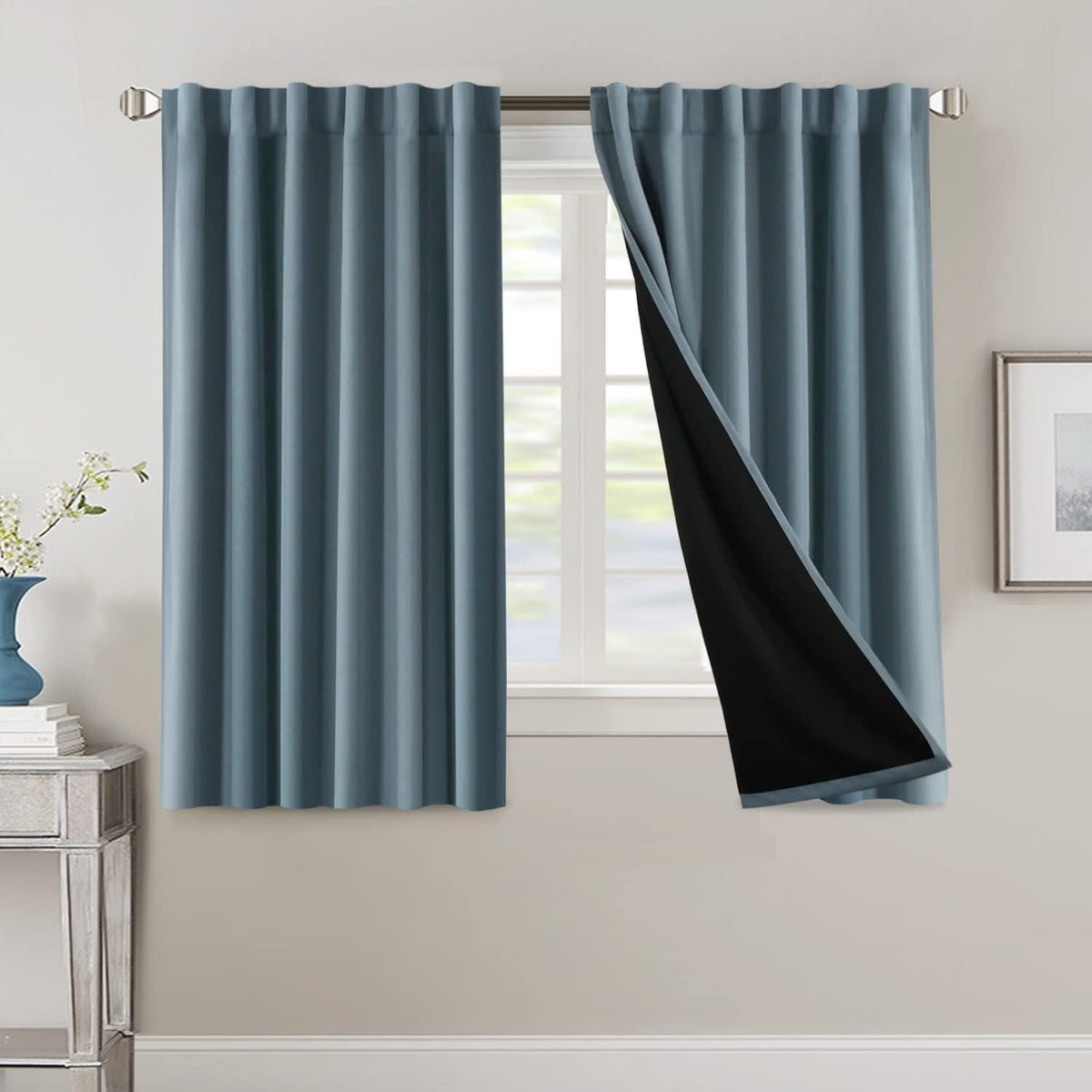 H.VERSAILTEX 100% Blackout Curtains for Bedroom with Black Liner Full Room Darkening Curtains 54 Inches Long Thermal Insulated B