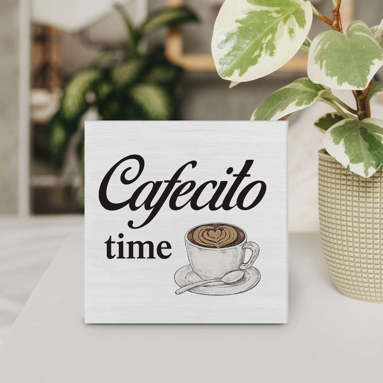 Country Cafecito Time Wood Box Sign Decor Desk Sign Coffee Caffeine Lover Wooden Box Block Sign Rustic Home Kitchen Shelf Tablet