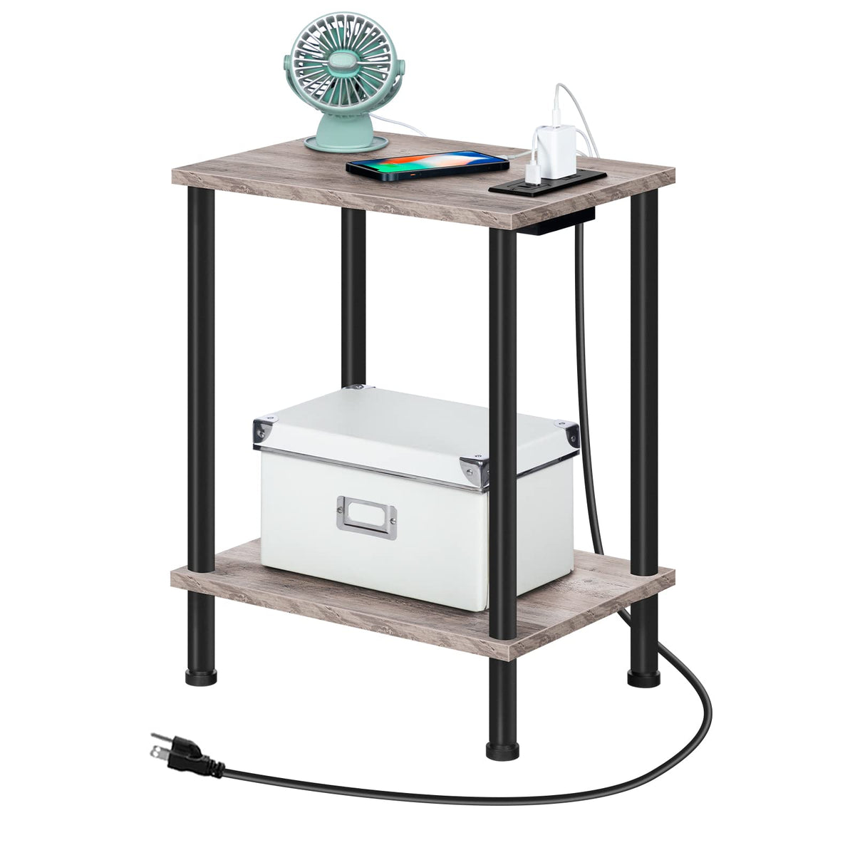 Hoobro Side Table With Charging Station, End Table With Usb Ports And Outlet, Nightstand With 2-Layer Storage Shelves For Small Spaces, Living Room, Bedroom, Stable Frame, Greige And Black Bg09Ubz01