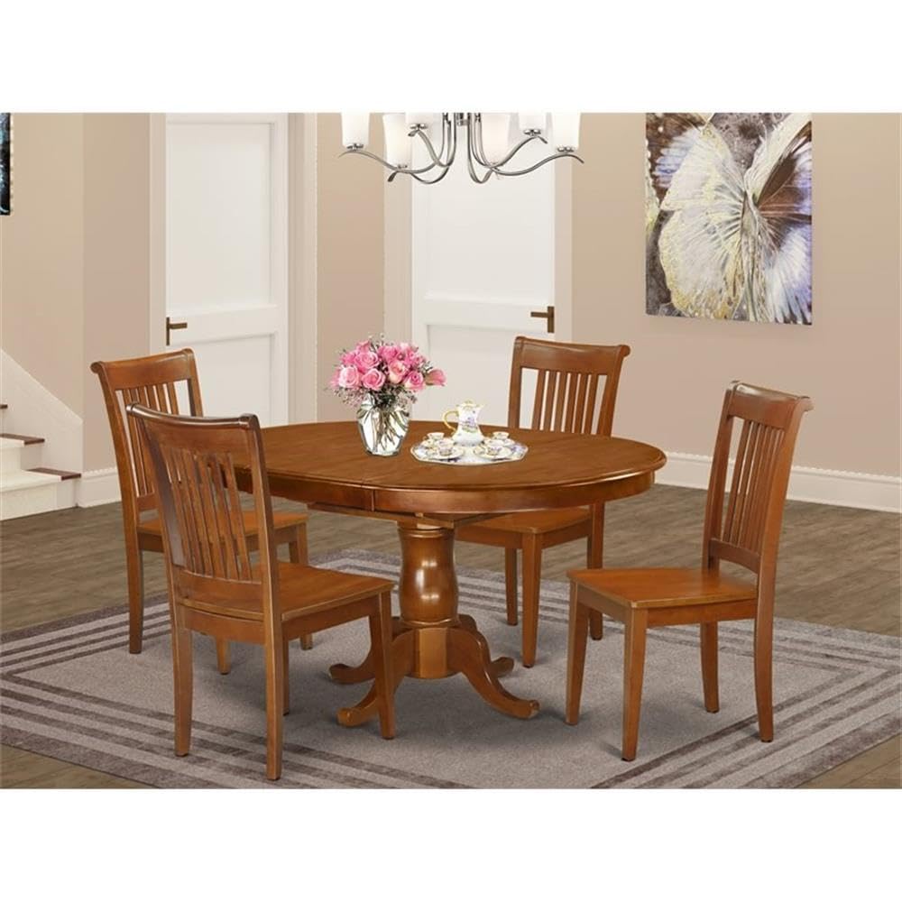 East West Furniture PORT5-SBR-W 5 Piece Dinette Set for 4 Includes an Oval Dining Table with Butterfly Leaf and 4 Dining Room Chairs, 42x60 Inch, Saddle Brown