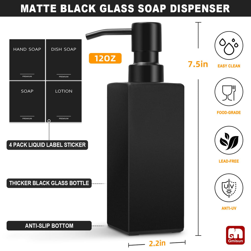 GM GMISUN 12oz Black Glass Soap Dispenser Set with Stainless Steel Pump - Modern Hand Soap Dispenser for Kitchen & Bathroom, 2 Pack