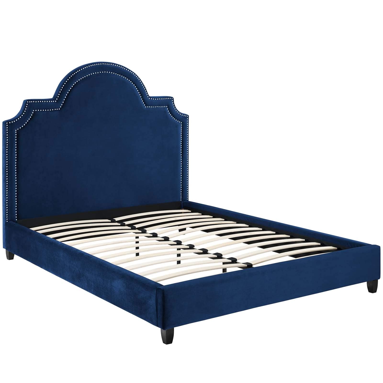 Modway Primrose Performance Velvet Queen Platform Bed With Nailhead Trim In Navy