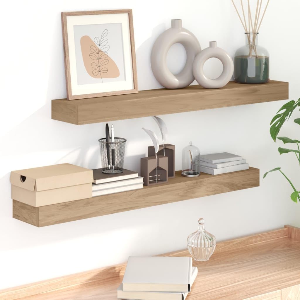 vidaXL Sleek Solid Teak Wood 2-Piece Wall-Mounted Shelves - 35.4&quot;x5.9&quot;x2.4&quot; - Brown - Modern Wall Decoration, Space Saver Furniture for Indoor Home Decor