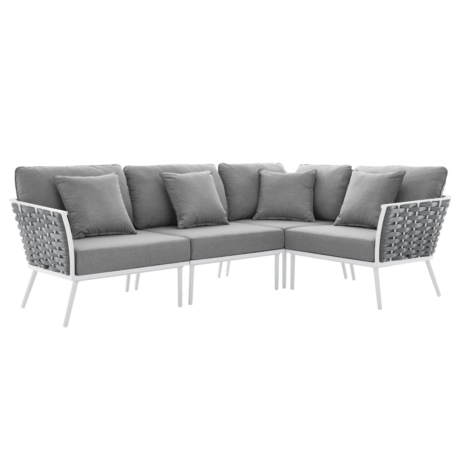 Modway Stance Outdoor Patio Woven Rope Aluminum Large Sectional Sofa in White Gray