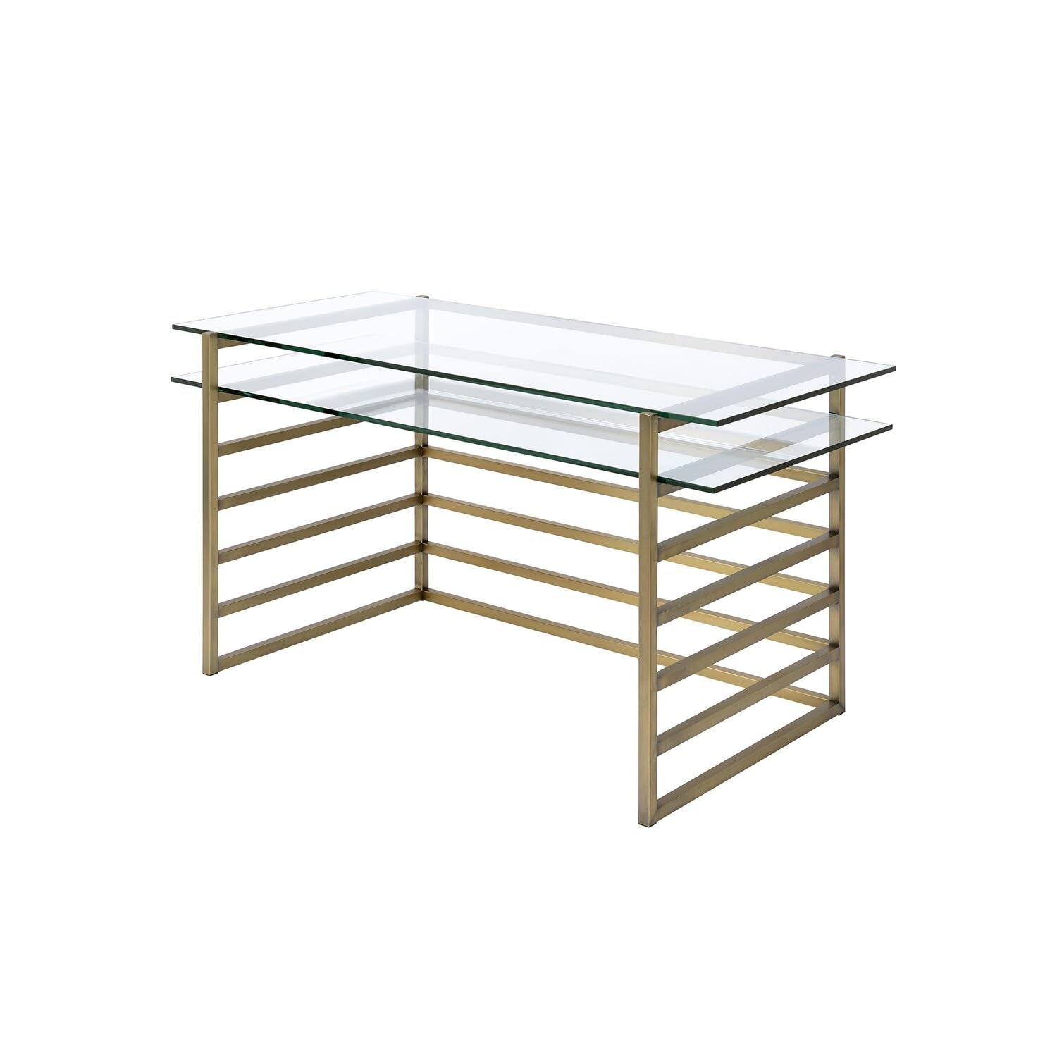 Benjara Slatted Design Metal Desk Shelf and Glass Top, Gold and Clear