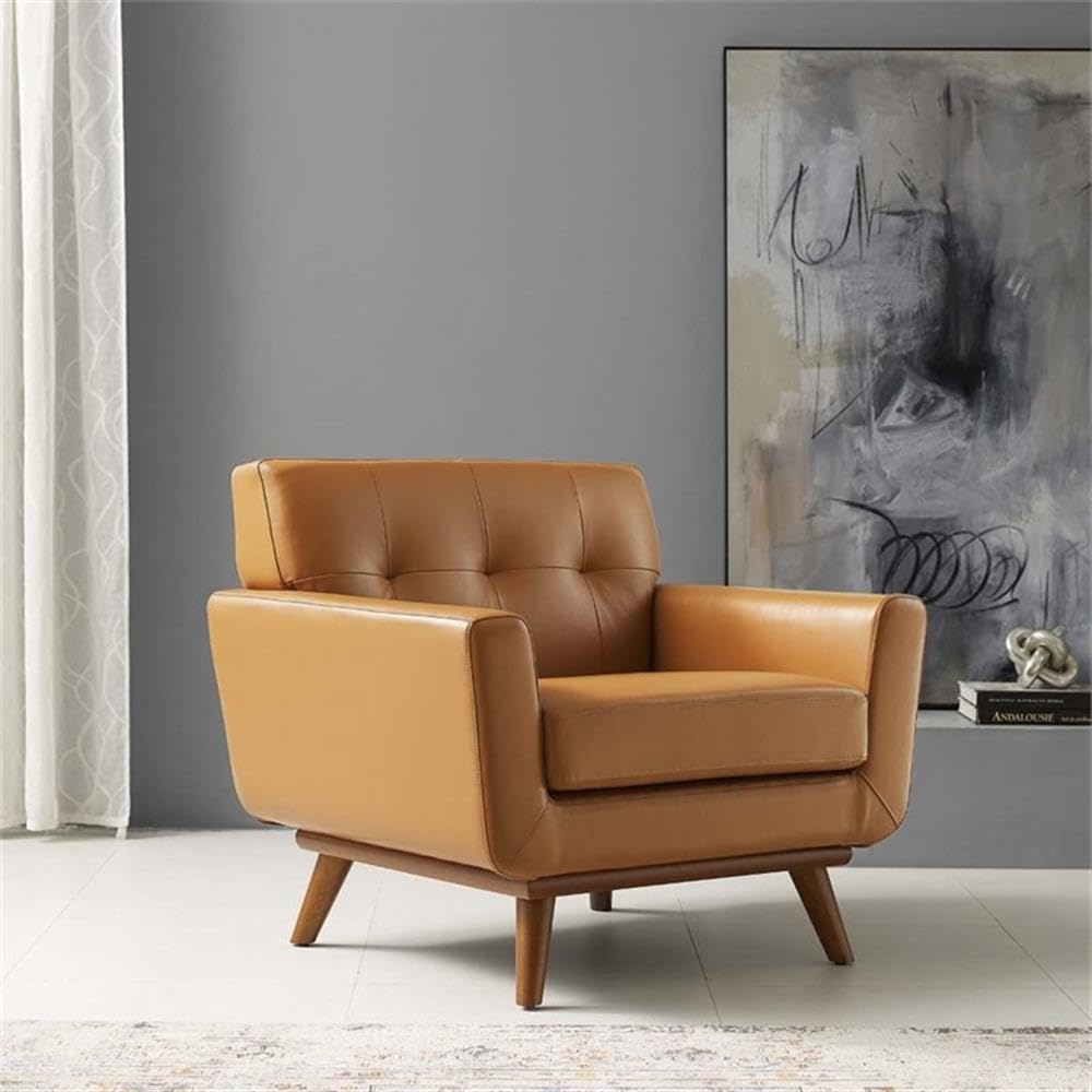 Modway Engage Top-Grain Leather Living Room Lounge Accent Armchair In Tan