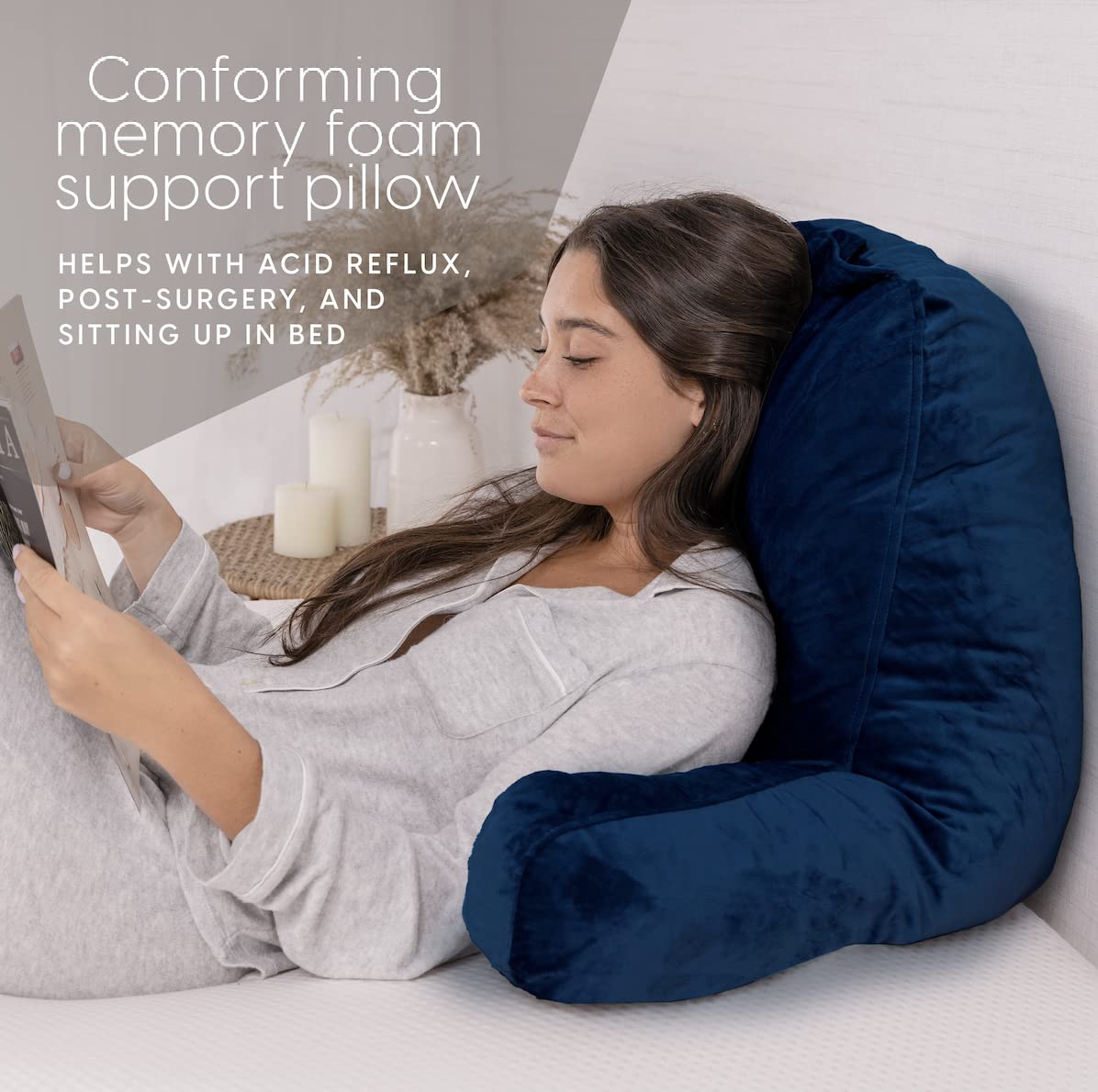 Milliard Reading Pillow With Shredded Memory Foam, Large Adult Backrest With Arms, Back Support For Sitting Up In Bed With Washable Cover (Sit Up Pillow)