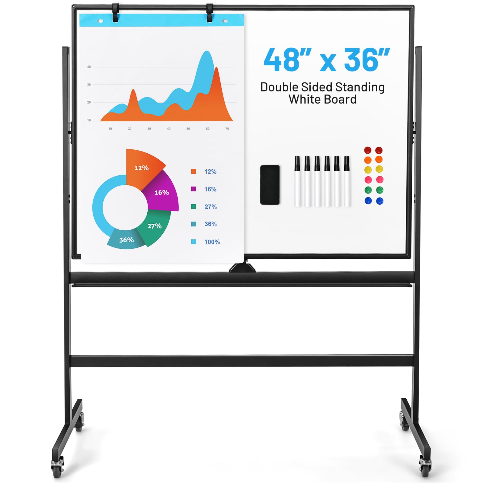Giantex Double-Sided Magnetic Dry Erase Mobile Whiteboard, 48 X 36 Inches Adjustable-Height Reversible Whiteboard W/ 1 Flip Char