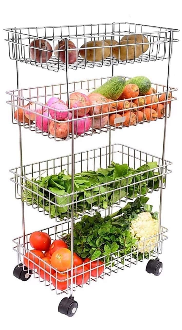 Gcrox Stainless Steel Modern Kitchen Storage Rack, Folding Perforated Design Trolley For Spice, Fruits, Vegetable, Onion, Potato