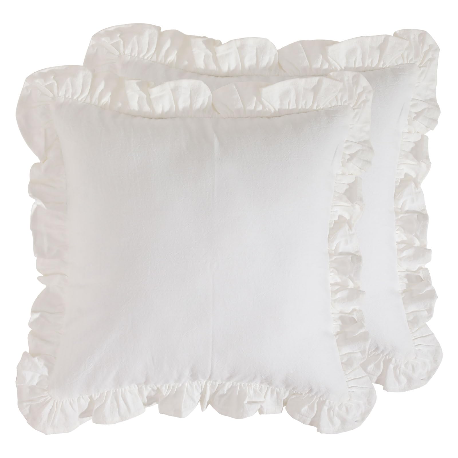 Patdrea White Decorative Throw Pillow Covers 18''X18'' Set Of 2, Farmhouse Linen Pillow Covers With Ruffles, Square Sturdy Throw