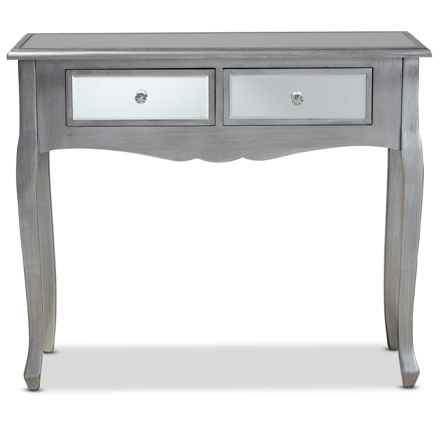 Baxton Studio Leonie Modern Transitional French Brushed Silver Finished Wood and Mirrored Glass 2-Drawer Console Table
