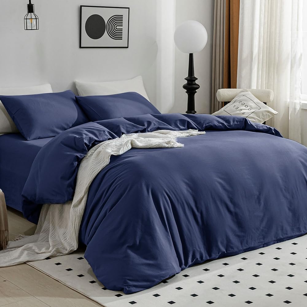 Jellymoni Cotton Duvet Cover Full Size - 100% Washed Cotton Linen Like Textured Comforter Cover, 3 Pieces Breathable Soft Beddin