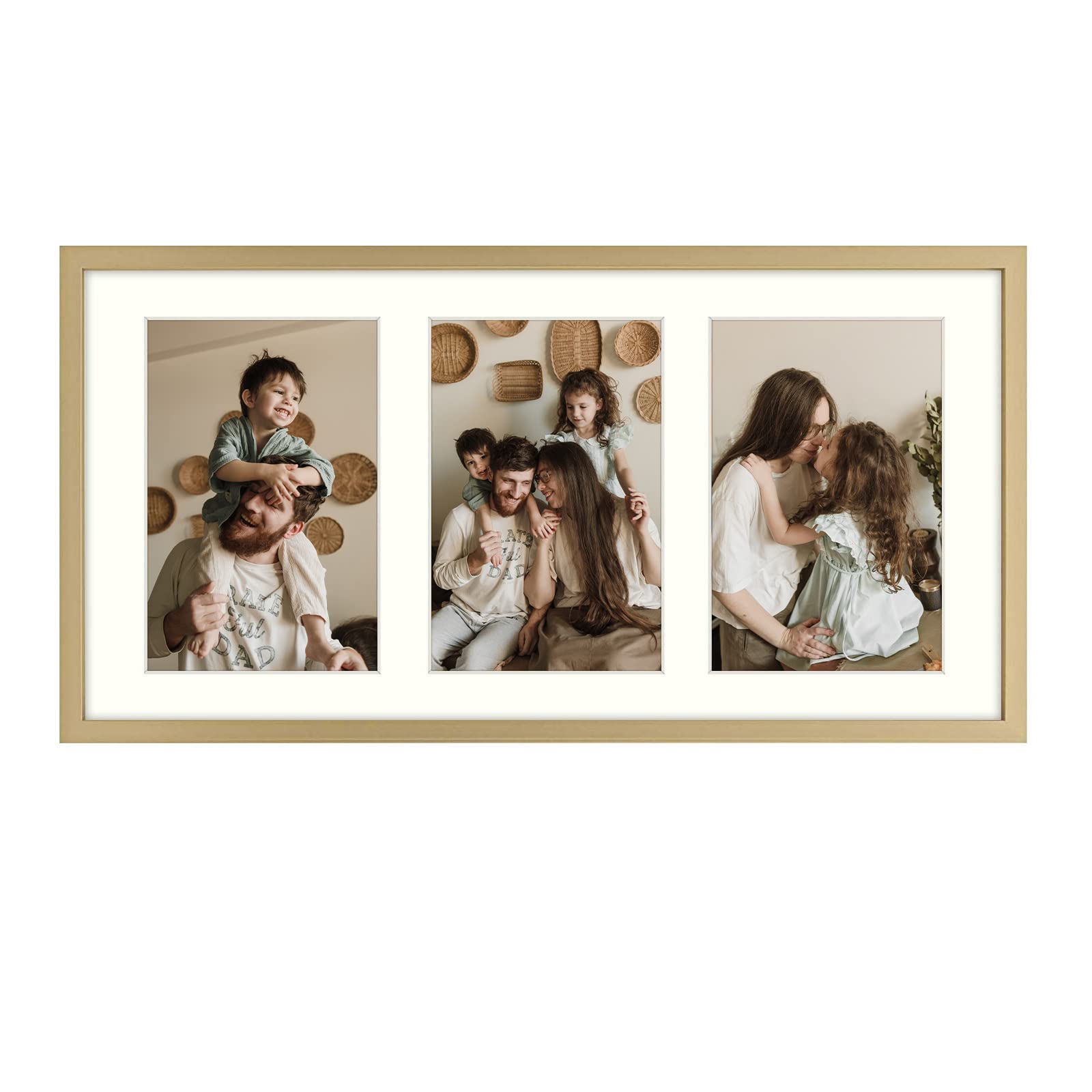 Golden State Art, 7x14 Collage Aluminum Frame Displays Three 4x6 Picture with Ivory Mat, Multi Openings Photo Frames, Horizontal