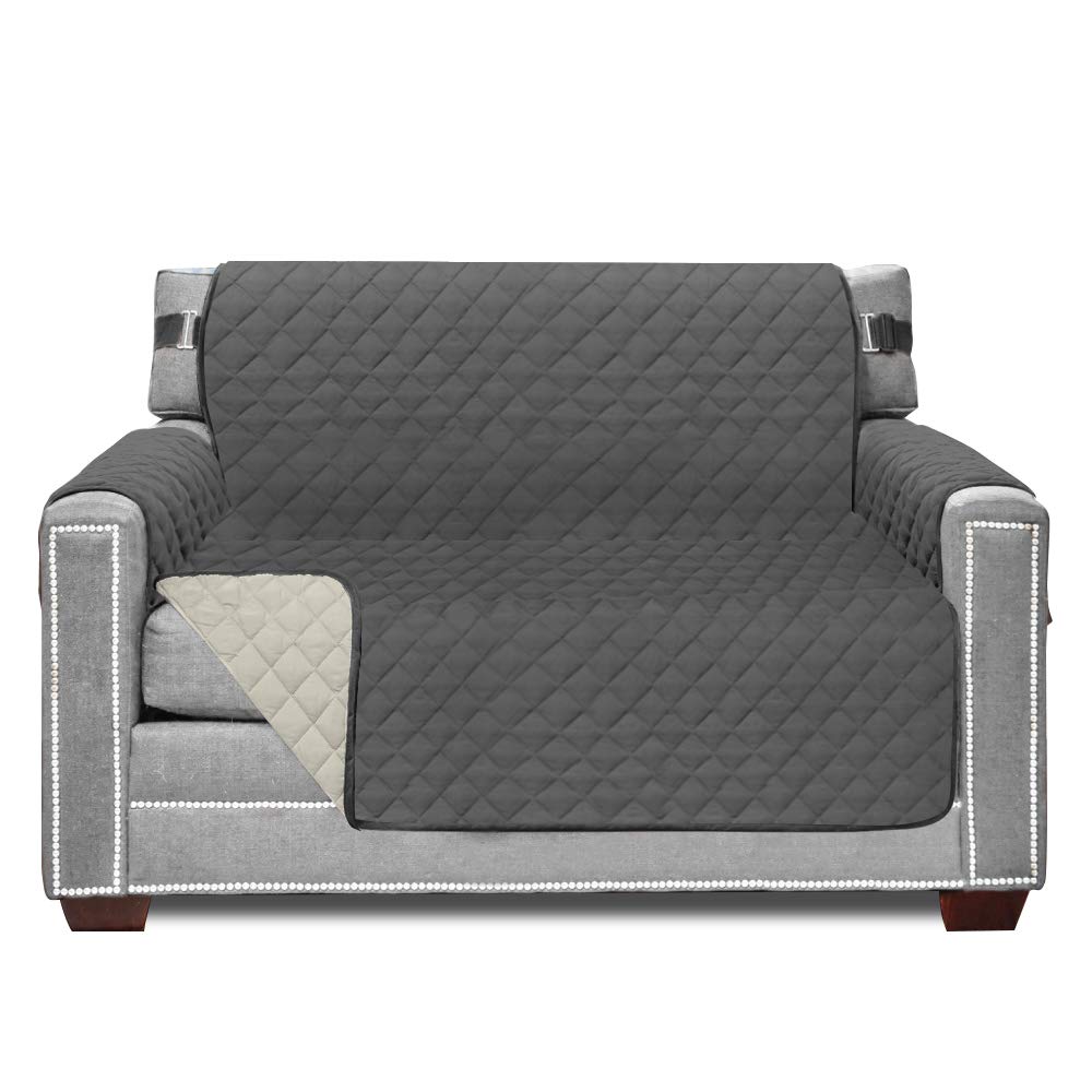 Sofa Shield Chair Slip Cover With Patented Strap, Cushion Protector, Reversible Stain And Dog Tear Resistant Slipcover, Quilted Microfiber 48” Seat, Washable Covers For Dogs Pets Kids, Charcoal Linen