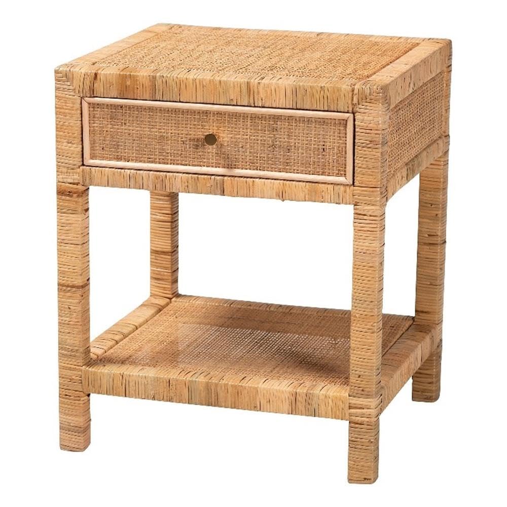 Baxton Studio Adelia Modern Bohemian Natural Rattan and Mahogany Wood 1-Drawer Nightstand