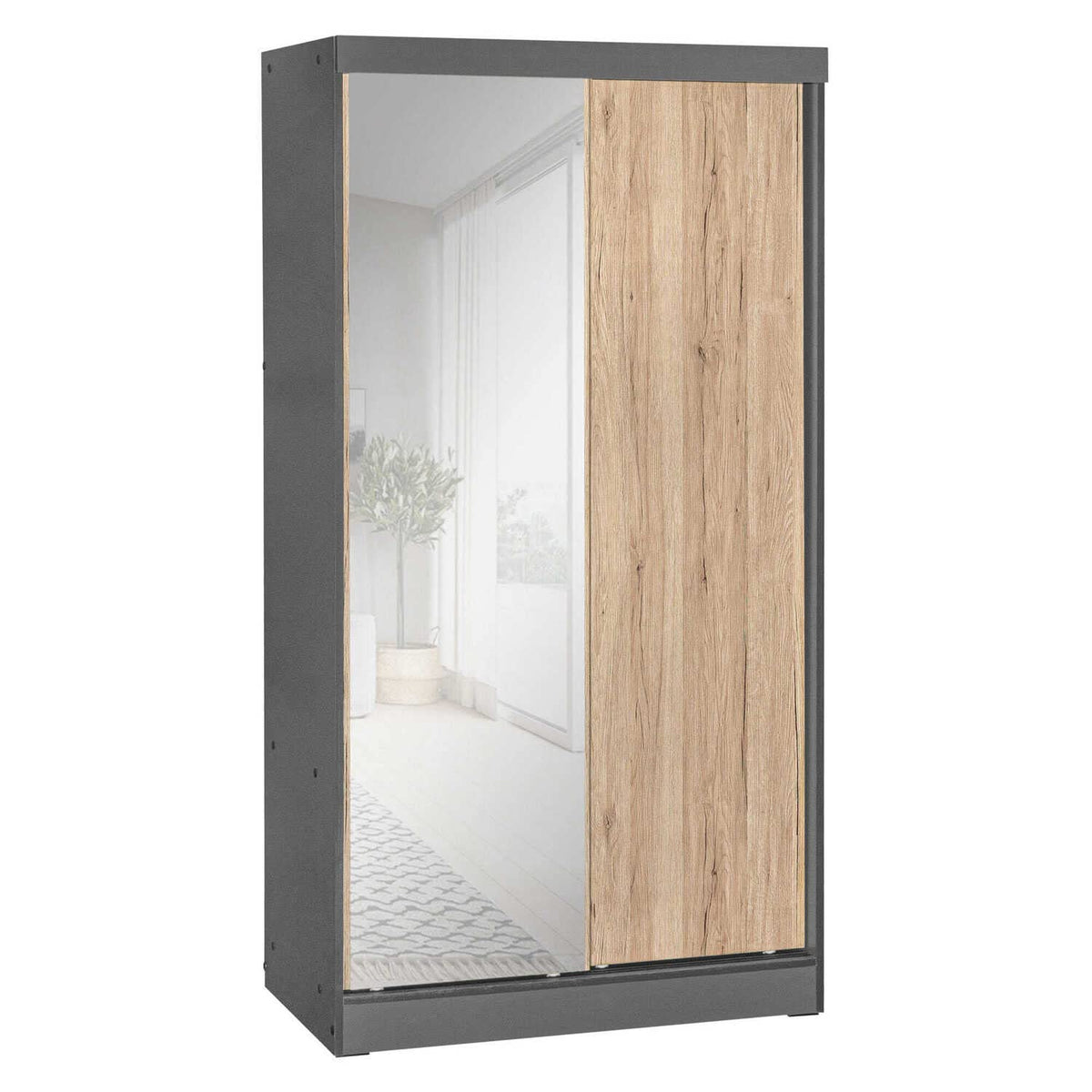 Better Home Products Mirror Wood Double Sliding Door Wardrobe Natural Oak/Gray