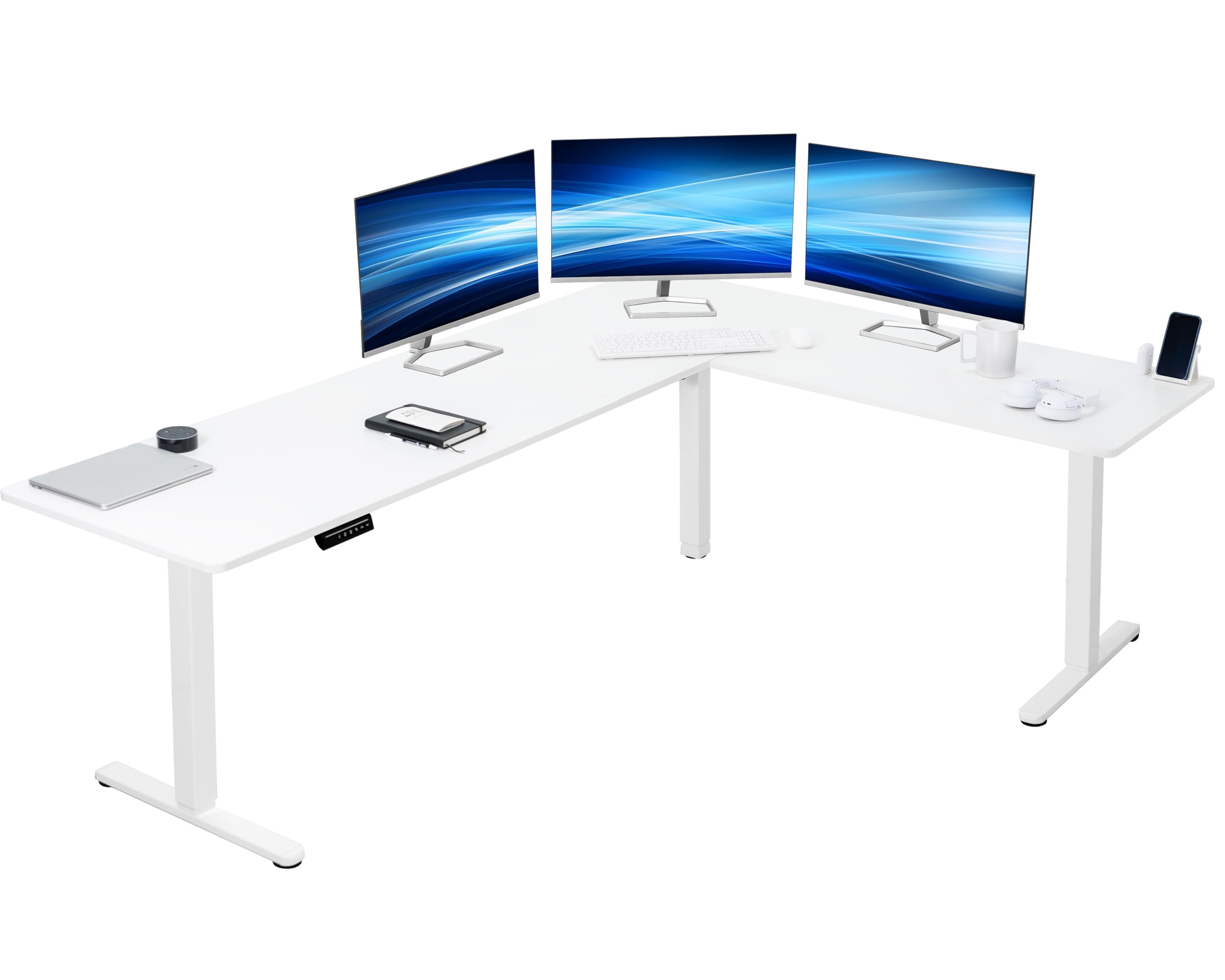 VIVO Electric Corner 84 x 63 inch L-Shaped Standing Desk, Memory Height Adjustment, White Top White Frame, DESK-E3CTWW-84