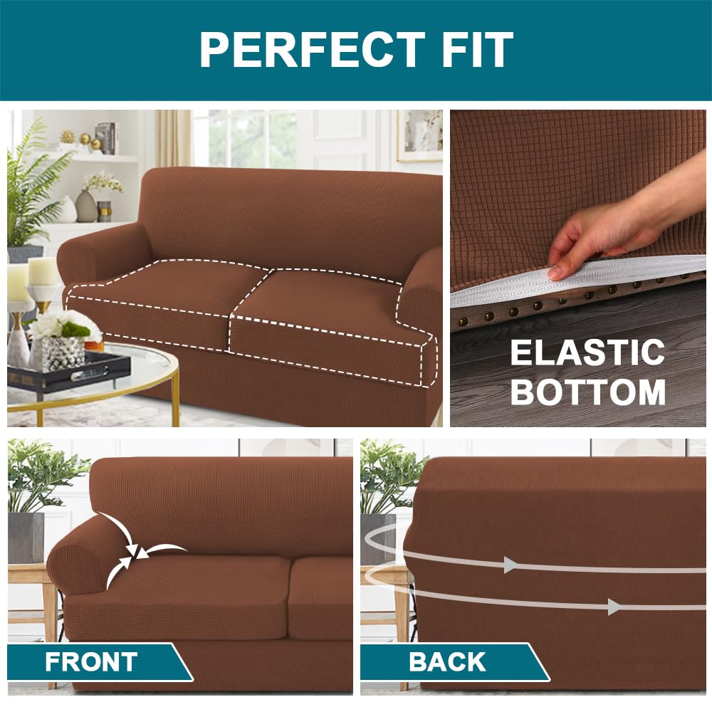 Turquoize 3 Piece T Cushion Loveseat Slipcovers Sofa Cover For 2 Cushion Couch Cover Washable Sofa Slip Cover Furniture Covers With 2 Individual T Cushion Seat Covers (2 Cushion Loveseat,Caramel)