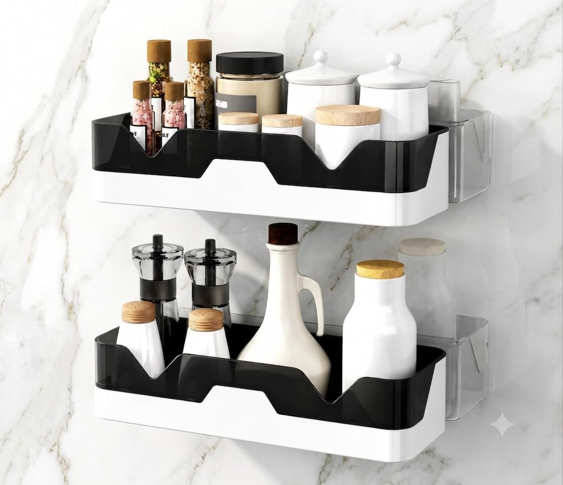 WallMounted Spice Rack Shelf, Black And White, Plastic, NoDrill Adhesive, Kitchen Storage Organiser, Set Of 2