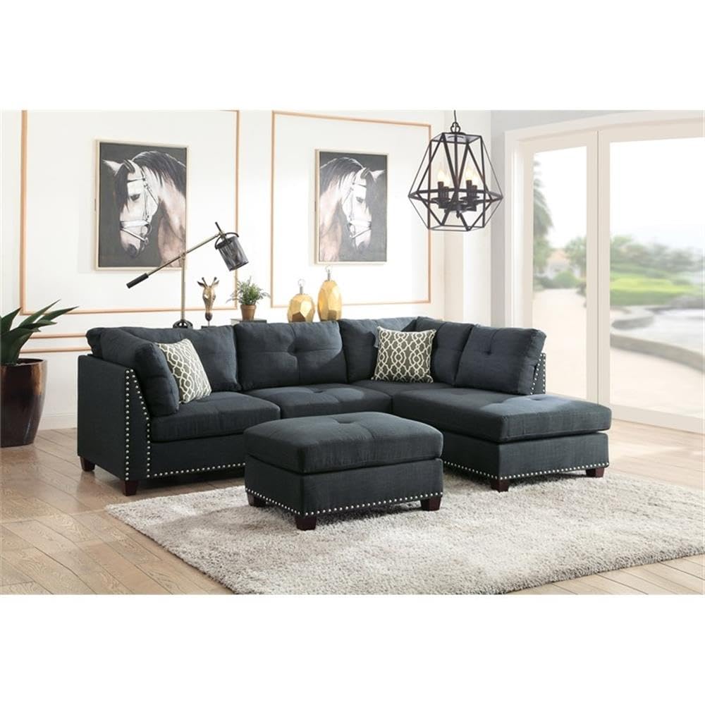 Acme ACM Laurissa Sectional Sofa and Ottoman with 2 Pillows in Dark Blue