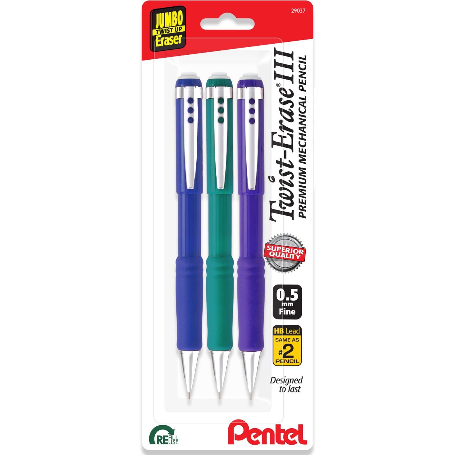 Pentel Twist Erase Iii Premium Mechanical Pencils 0.5 Mm - 3 Pack Assorted Barrels (Green, Blue, & Violet)