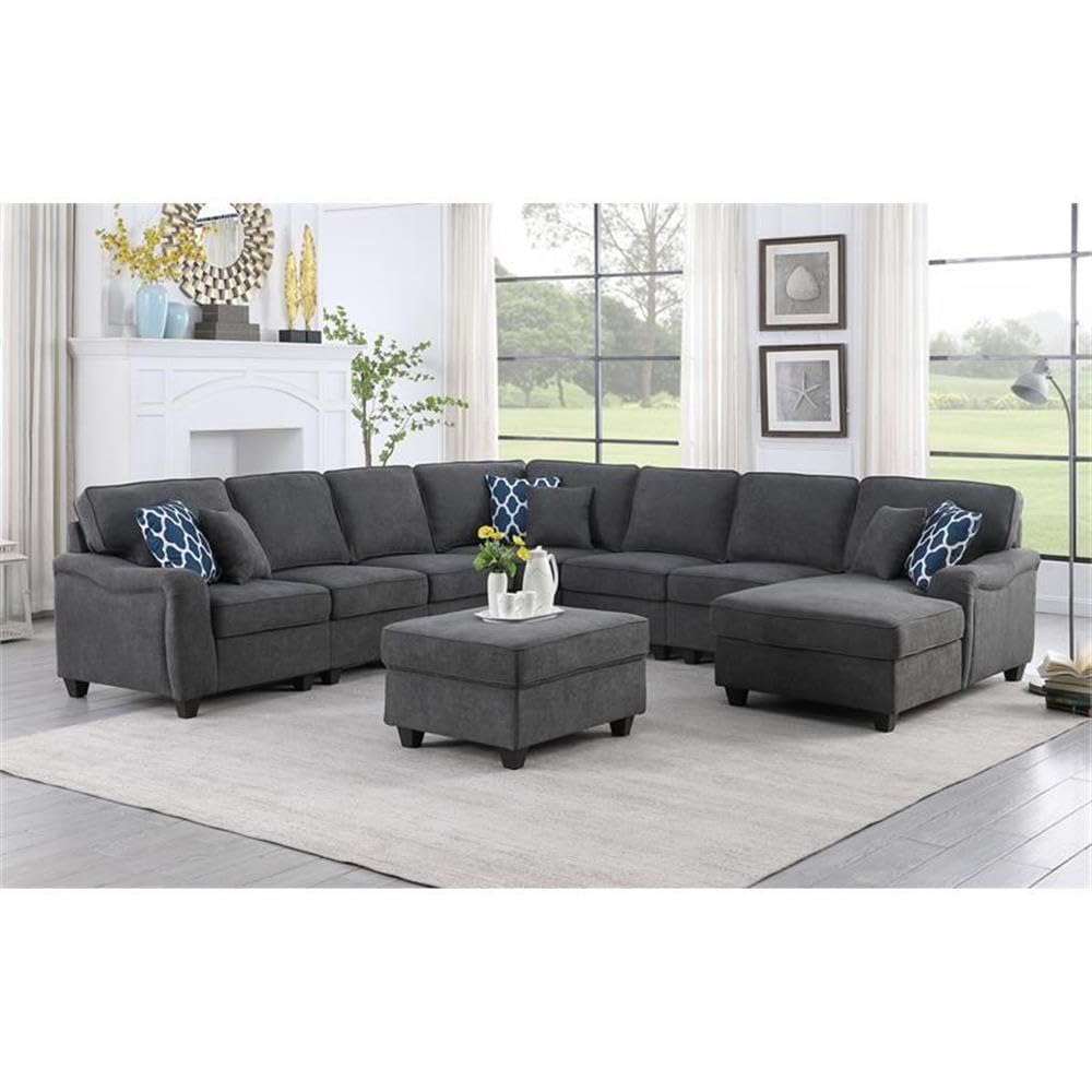 Lilola Home Leo Dark Gray Woven 8Pc Modular L-Shape Sectional Sofa Chaise and Ottoman