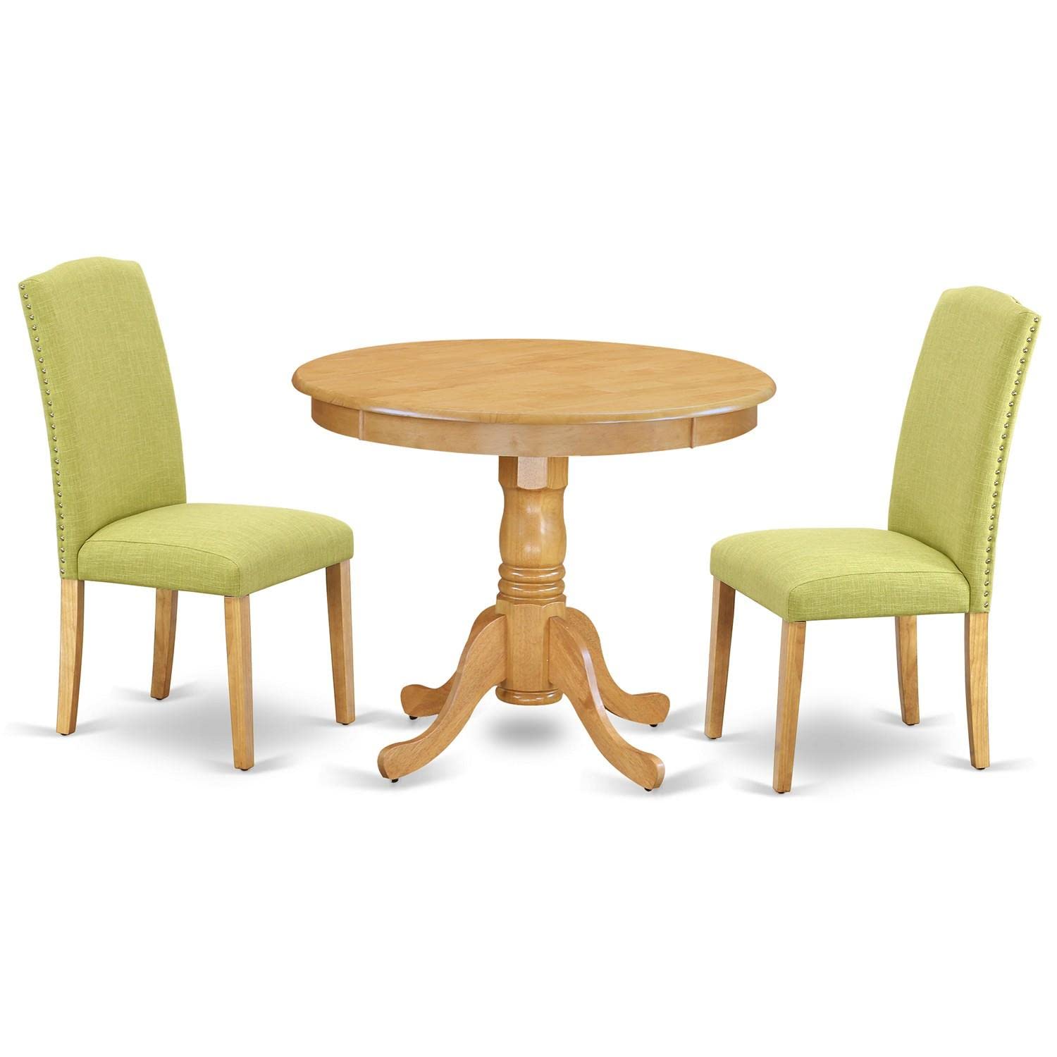 East West Furniture Anen3-Oak-07 3 Piece Dining Room Furniture Set Contains A Round Kitchen Table With Pedestal And 2 Limelight Linen Fabric Parson Dining Chairs, 36X36 Inch, Oak
