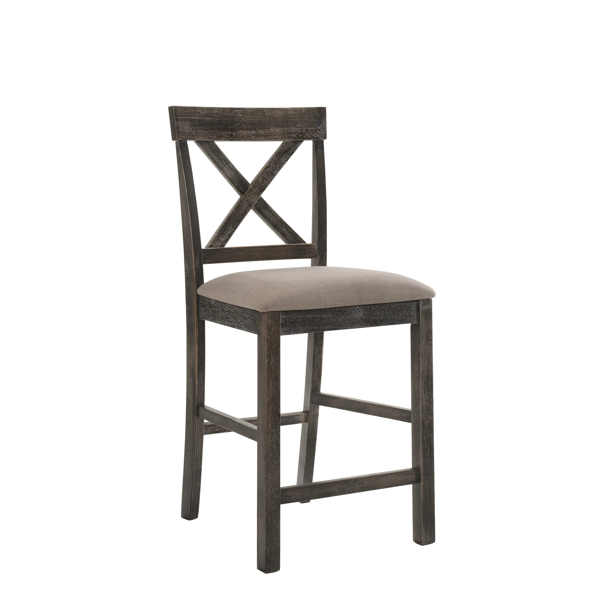 Benjara Wooden Counter Height Chair with X Shaped Backrest and Built in Footrest, Set of 2, Gray
