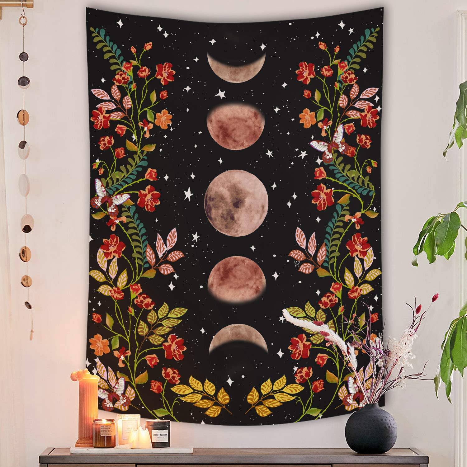Lifeel Moonlit Garden Tapestry, Moon Phase Surrounded By Vines And Flowers Black Wall Decor Tapestry 44  60 Inches