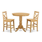 East West Furniture JAPB3-OAK-W 3 Piece Counter Height Pub Set for Small Spaces Contains a Round Kitchen Table with Pedestal and 2 Dining Room Chairs, 36x36 Inch, Oak