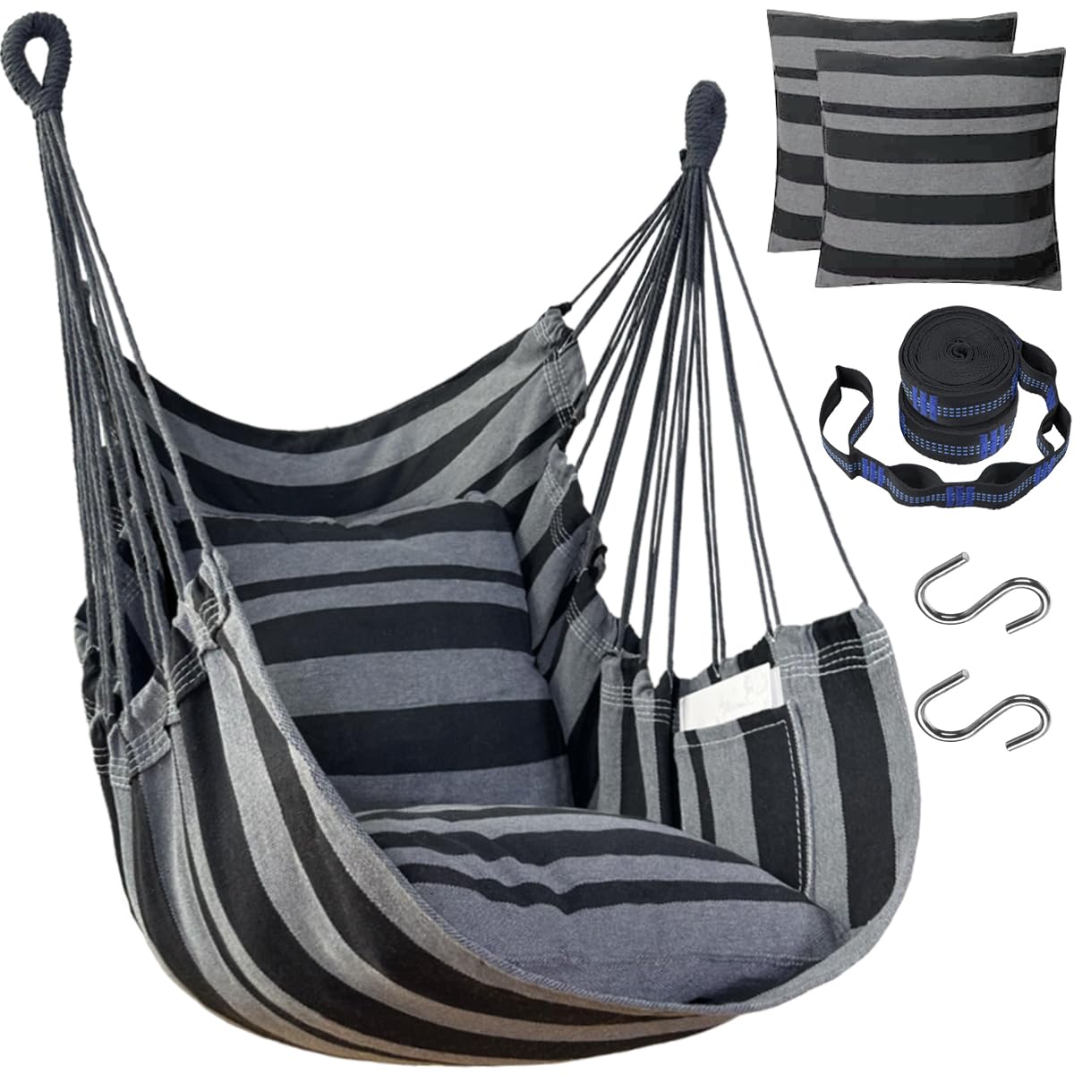 Halalona Hammock Chair Hanging Hammock Chair Rope Swing 2 Cushions Included-Sturdy & Durable Soft Cotton Hand Woven Hammock Swin