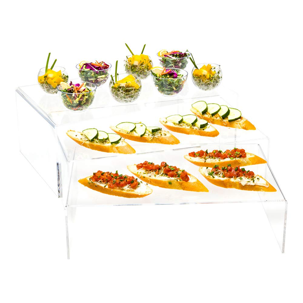 Restaurantware Clear Tek 15.75 x 11.8 x 5.9 Inch Shelf Risers 1 Set Of Rectangle Display Risers - 3 Tiers For Retail And Merchan