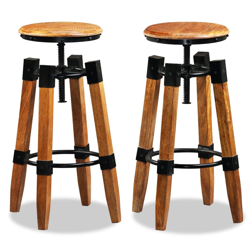 vidaXL 2 pcs Solid Mango Wood Bar Stools - Industrial-Style with Height-Adjustable Feature, Sturdy Steel Fittings, No Assembly Required, Brown and Black