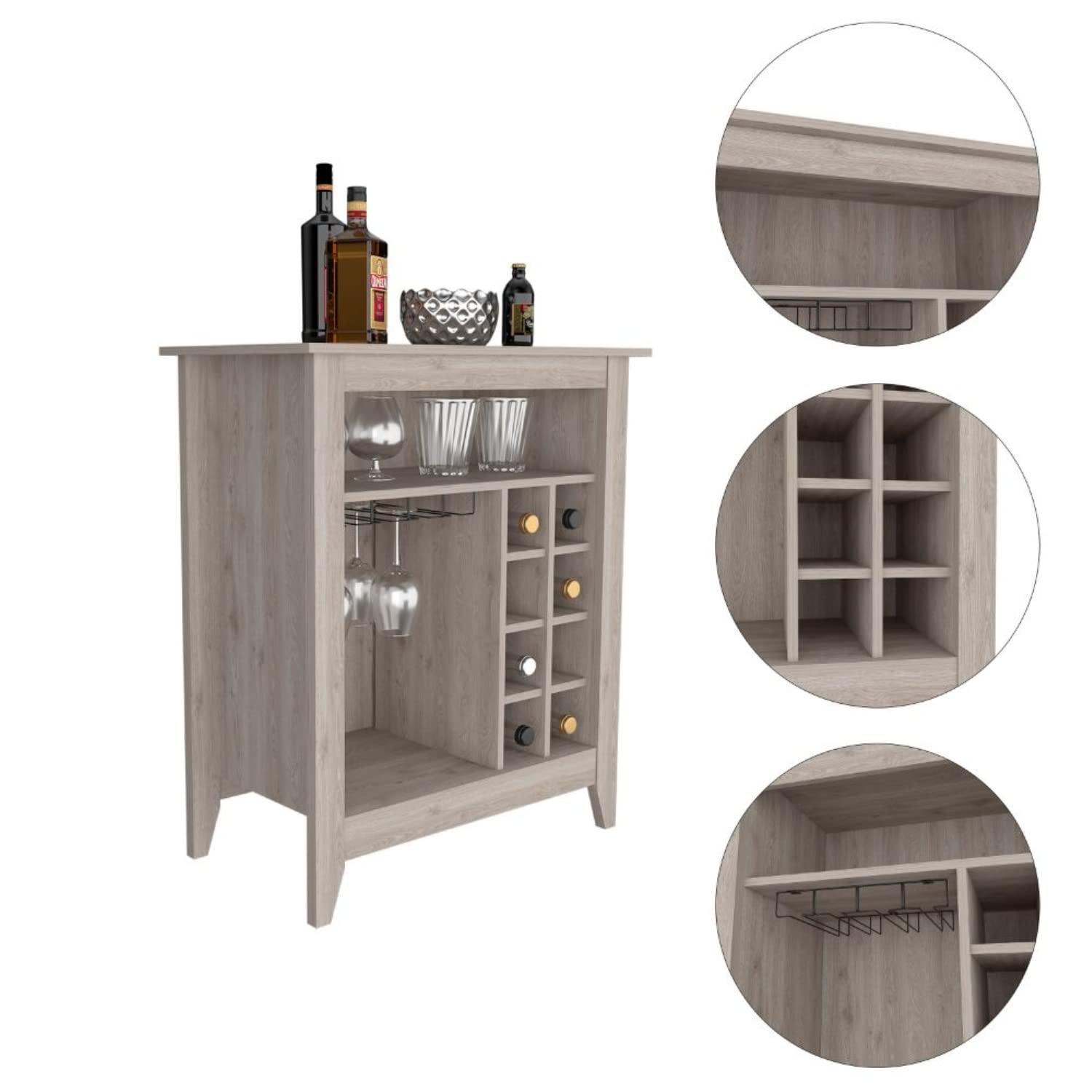 Bar- Coffee Cart 38&quot;&quot; H, Kitchen Or Living Room Cabinet Storage, with 8 Bottle Racks, A Central Shelf with 1 Cup Holders, Ideal for Storing Glasses, Light Gray