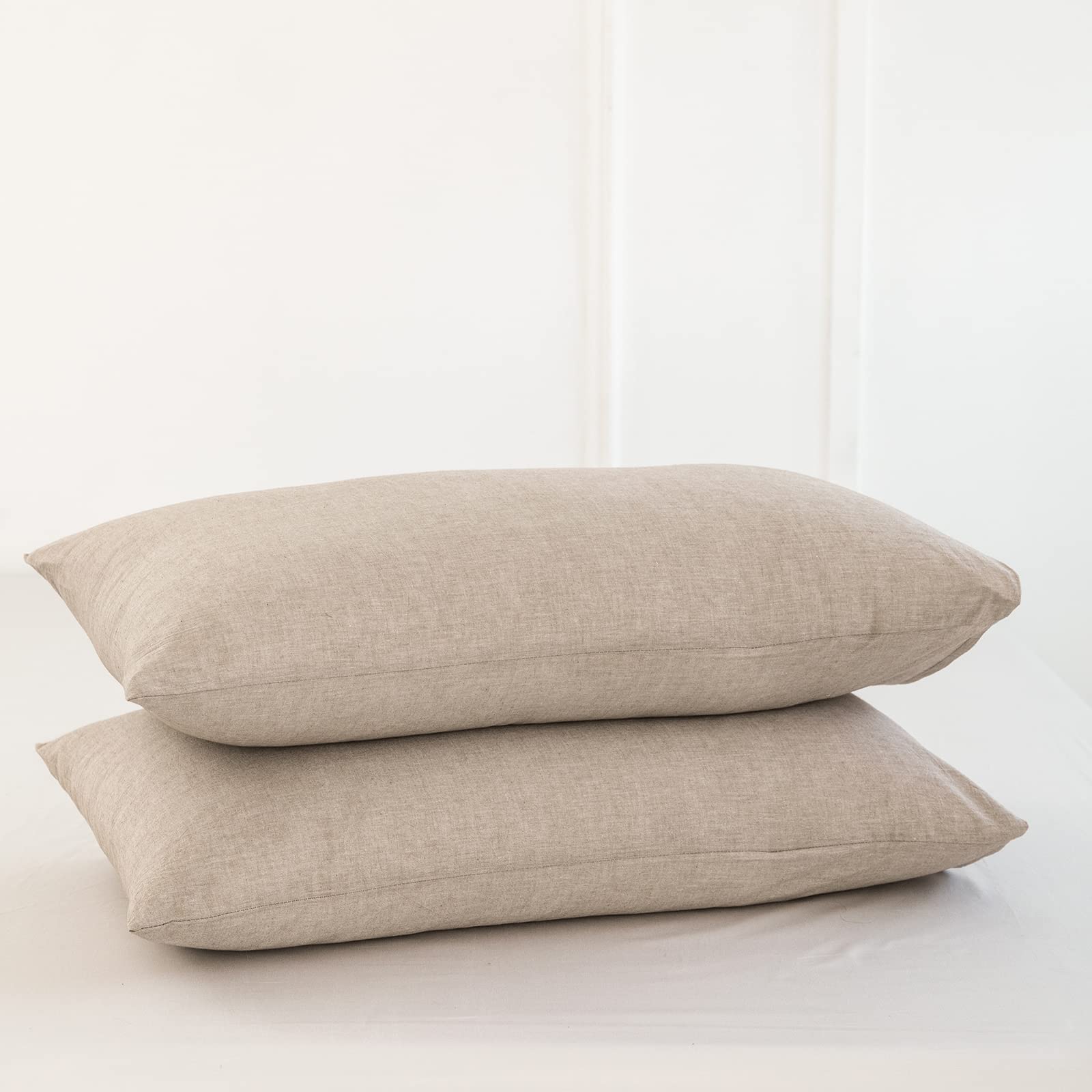 Moomee Bedding Pillowcases Pack Of 2 100% Washed Cotton Linen Like Textured Breathable Durable Soft Comfy (Taupe, Standard)