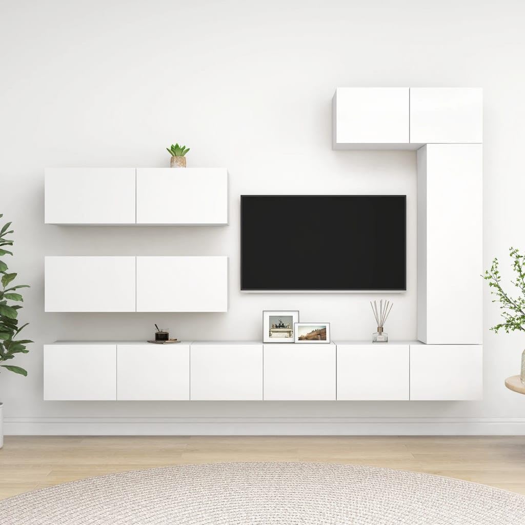 vidaXL White TV Cabinet Set, 7 Piece, Engineered Wood, Wall-Mounted, Modern Design - Contemporary Living Room Furniture with Multiple Storage Compartments