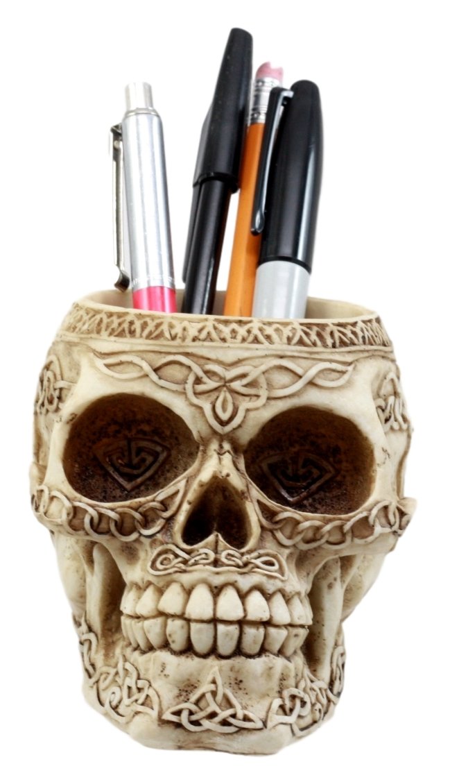 Ebros Gift Day Of The Dead Celtic Tribal Tattoo Skull Pen Holder Figurine 4.5' L Office Desktop Ossuary Skull Head Stationery H