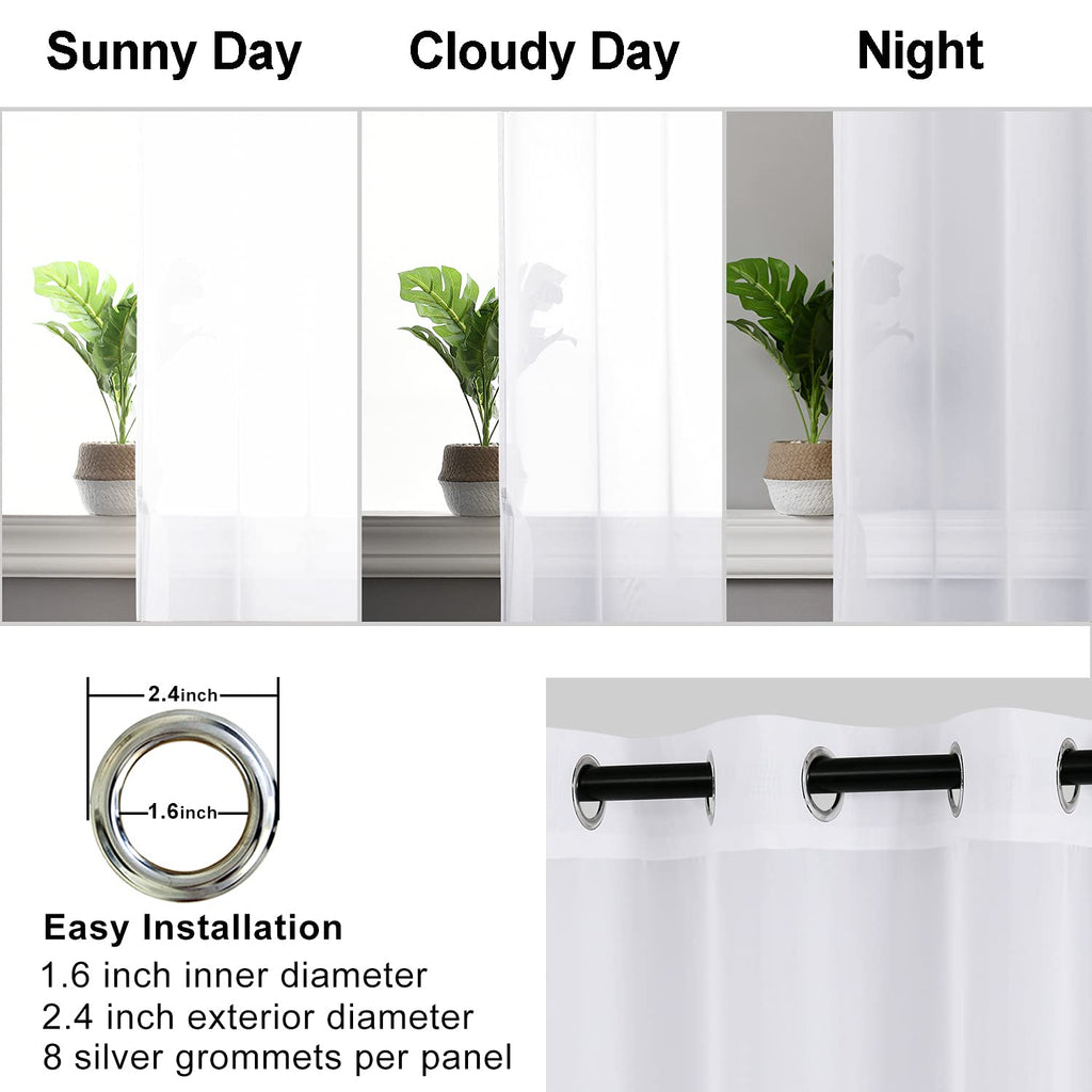 Hiasan White Sheer Curtains 54 Inch Length With Tiebacks, Grommet Light Filtering Semi Transparent Voile Drapes Grommet Window Curtains For Living Room, Bedroom, W52 X L54, Set Of 2 Panels