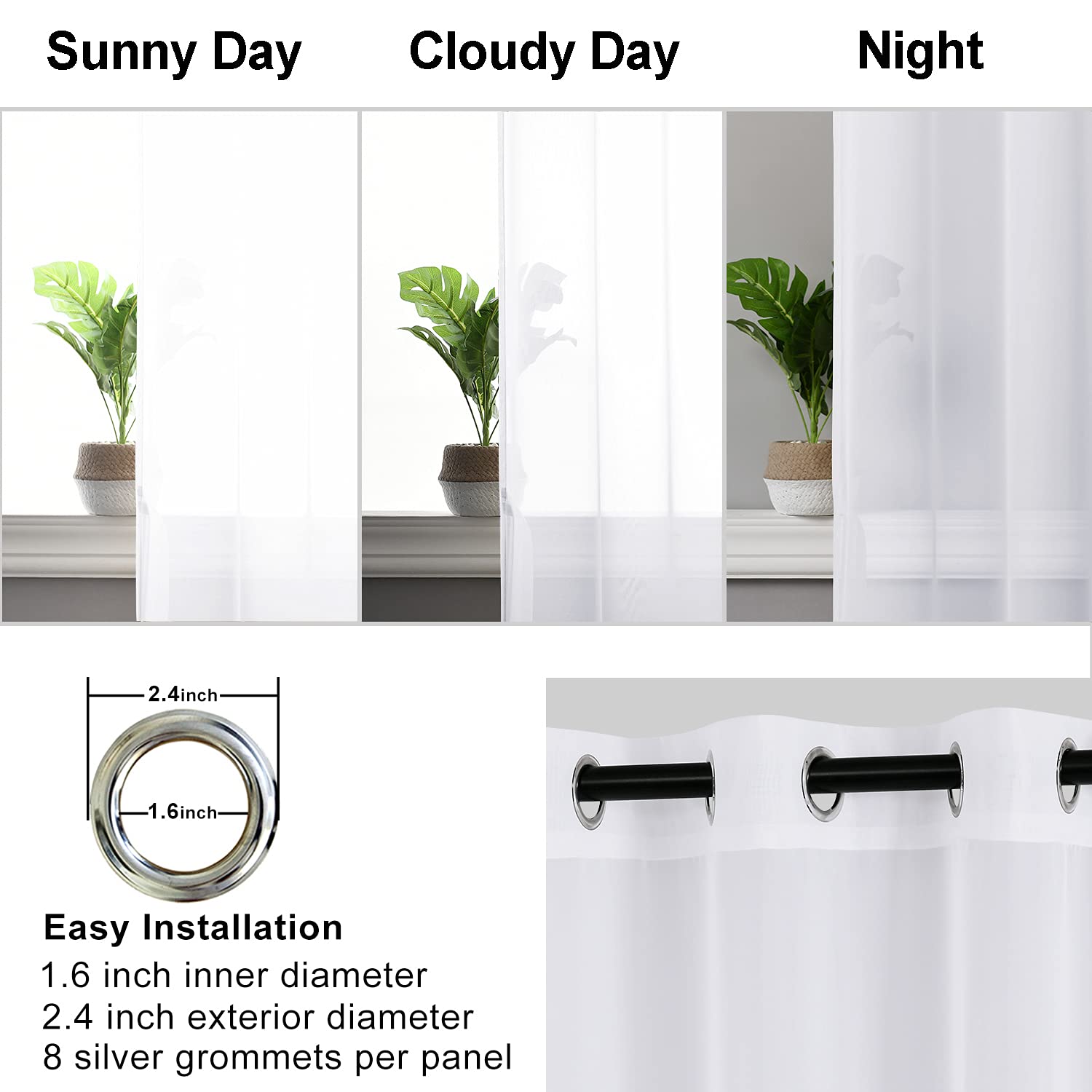 Hiasan White Sheer Curtains For Bedroom With Tiebacks, Lightweight Airy Breathable Voile Drapes Light Filtering Grommet Window Curtains For Living Room, Nursery, Farmhouse, W52 X L63, 2 Soft Panels