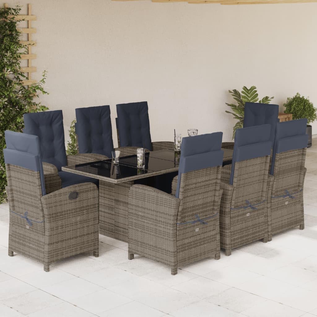 vidaXL 9-Piece Outdoor Dining Set - Gray Poly Rattan with Adjustable Chairs, Navy Cushions & Tempered Glass Table