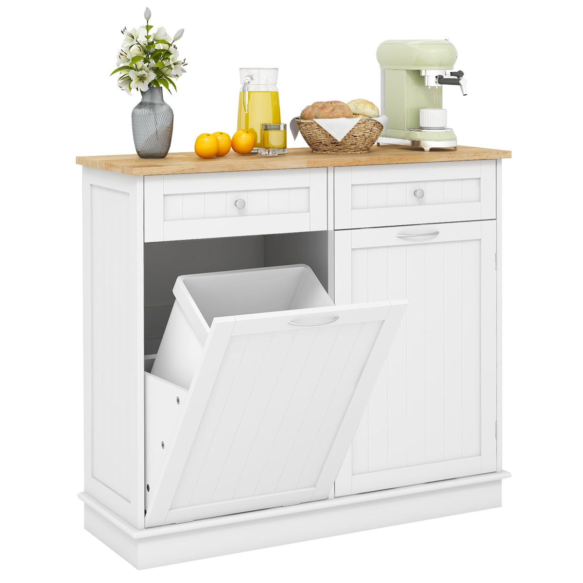Giantex Kitchen Trash Cabinet, Kitchen Island With Tilt Out 15.5 Gallon Garbage Bin Cabinet, Rubber Wood Countertop, Large Cabinet, 2 Drawers, Adjustable Shelf, Recycling Can Holder Organizer (White)