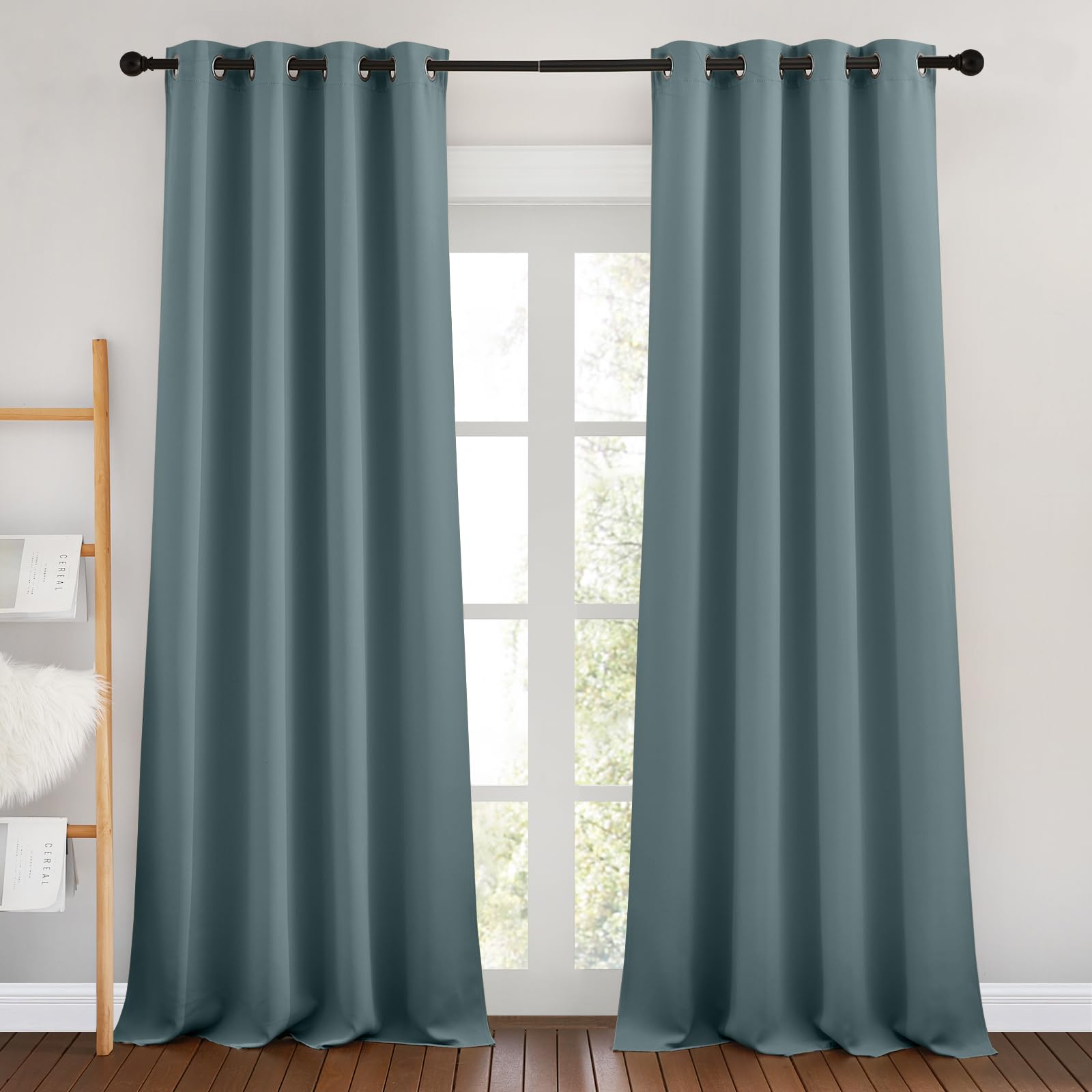 Nicetown Greyish Blue Room Darkening Curtains 90 Inch Length - Chic Grommet Thermal Insulated Blackout Window Treatments Sound P