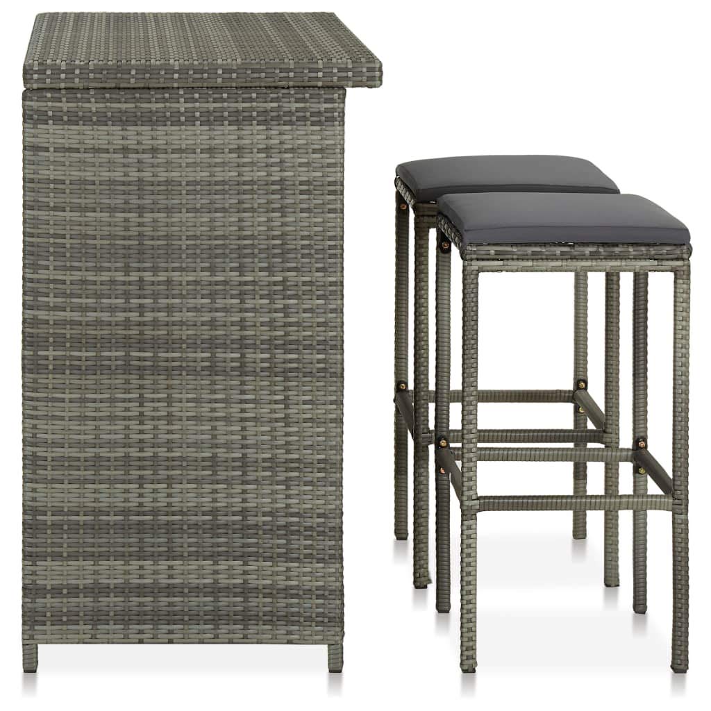 vidaXL Modern Lightweight Bar Set – Poly Rattan Grey – Outdoor Pub Set – Durable Weather-Resistant, Stylish 3-Piece Bistro Set with Seat Cushion and Additional Footrest