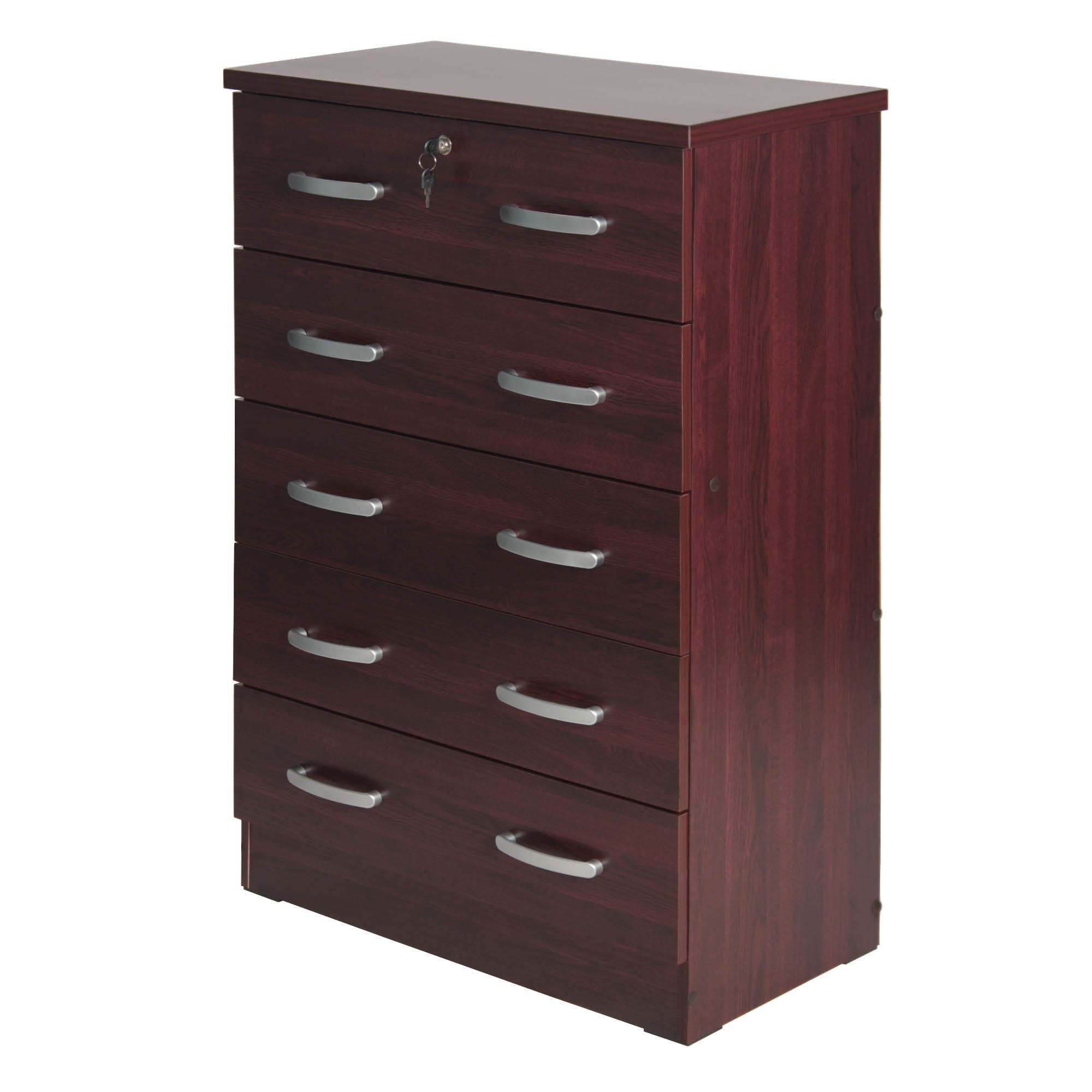 Better Home Products Cindy 5 Drawer Chest Wooden Dresser With Lock In Mahogany