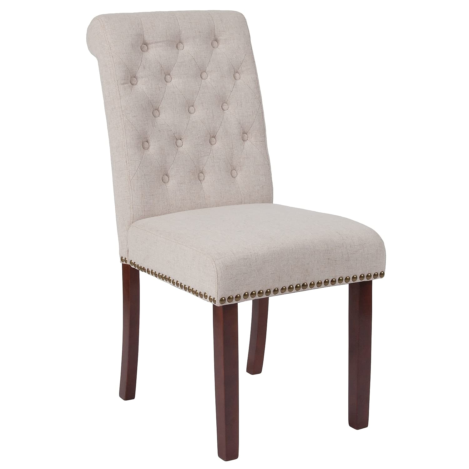 Flash Furniture Hercules Series Beige Fabric Parsons Chair With Rolled Back, Accent Nail Trim And Walnut Finish