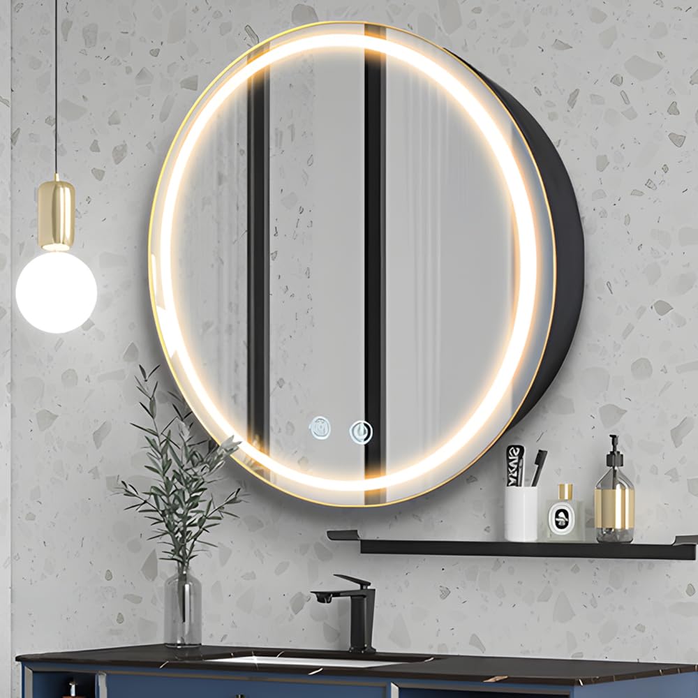 Janboe 24inch Round Medicine Cabinet with Lights,Led Medicine Cabinet with Defogger,Illuminated Mirror Cabinet for Bathroom,Dimm