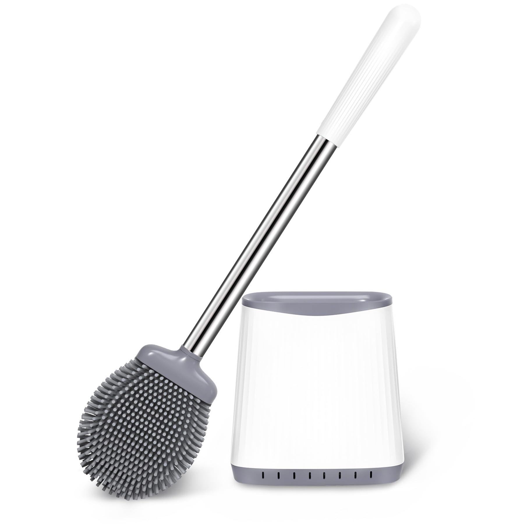 Toilet Brush, Silicone Toilet Brush and Holder, Flexible Toilet Bowl Brush Head with Ventilated Holder, Wall Mounted Compact Toi